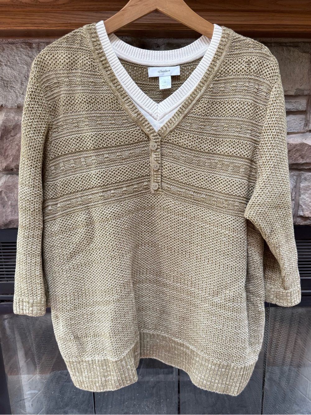 CJ Banks Khaki Olive green Tone V-Neck Sweater with White Trim